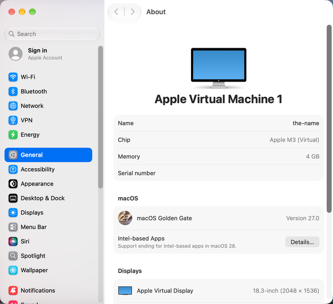 General > About settings showing the Mac name in macOS 27 Golden Gate