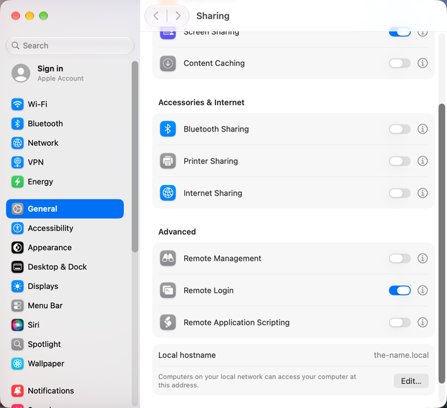 General > Sharing settings showing the Local hostname in macOS 27 Golden Gate