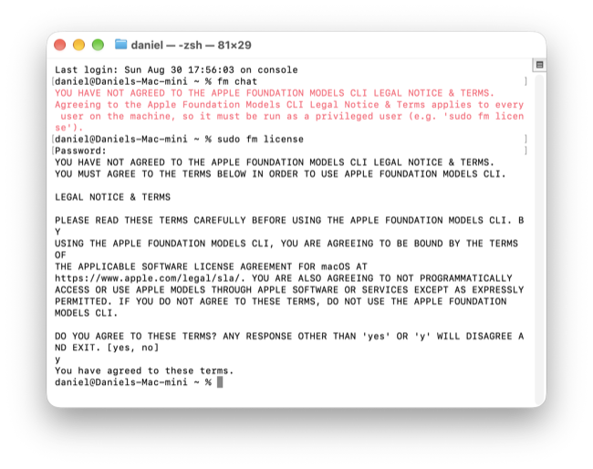 Agreeing to the Apple Foundation Models CLI license with sudo fm license in the macOS terminal