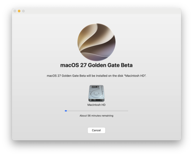 The macOS Beta installer showing the time remaining