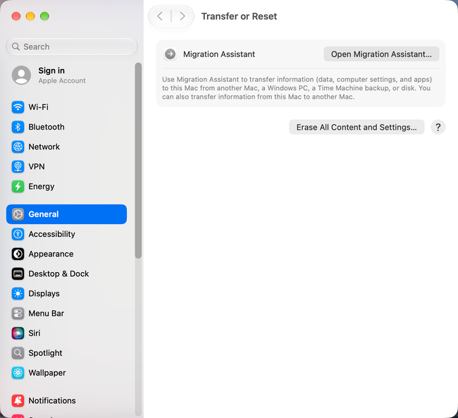 General > Transfer or Reset settings in macOS 27 Golden Gate