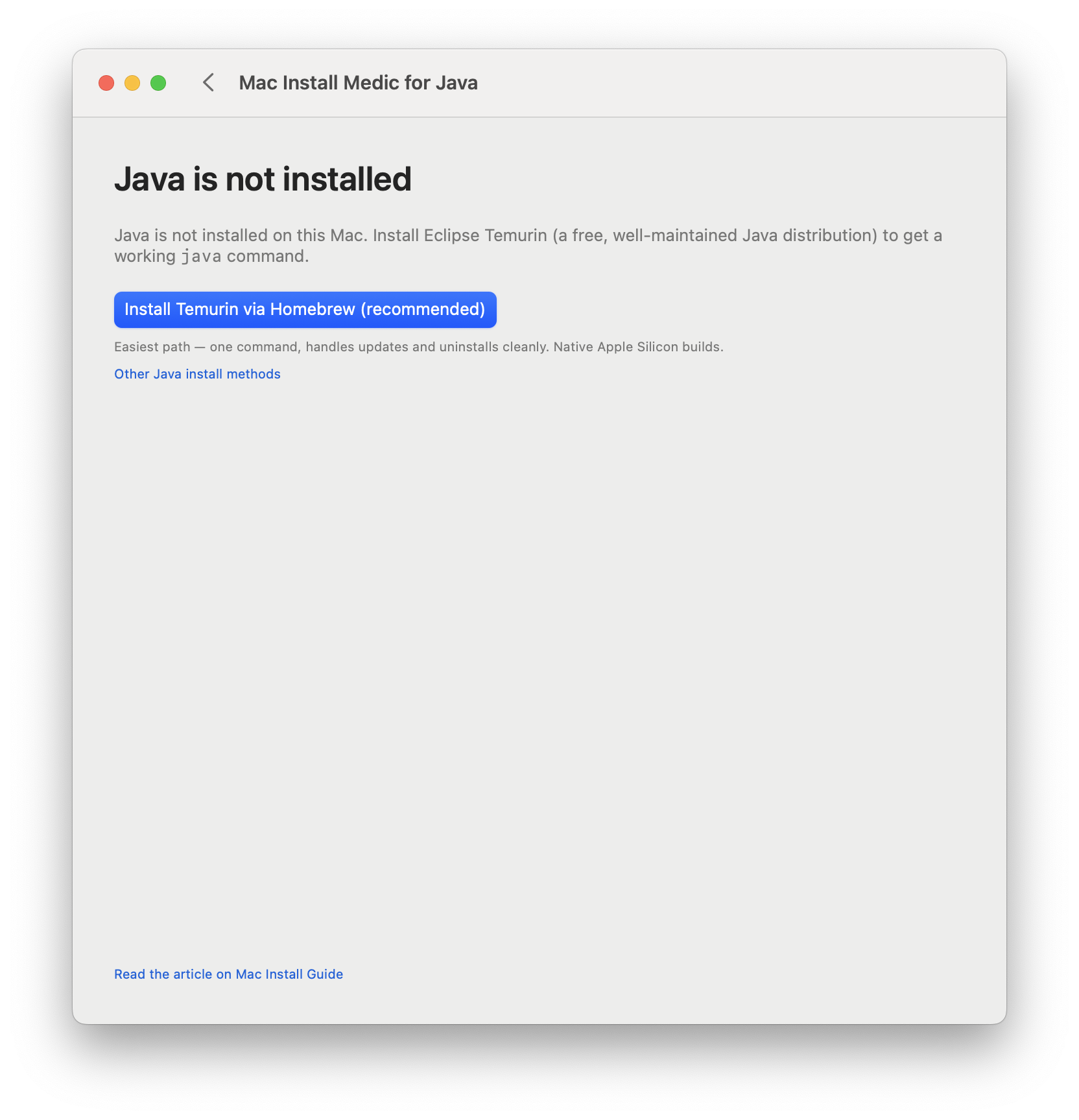 Mac Install Medic for Java diagnosis screen showing 'No JDK installed' result.