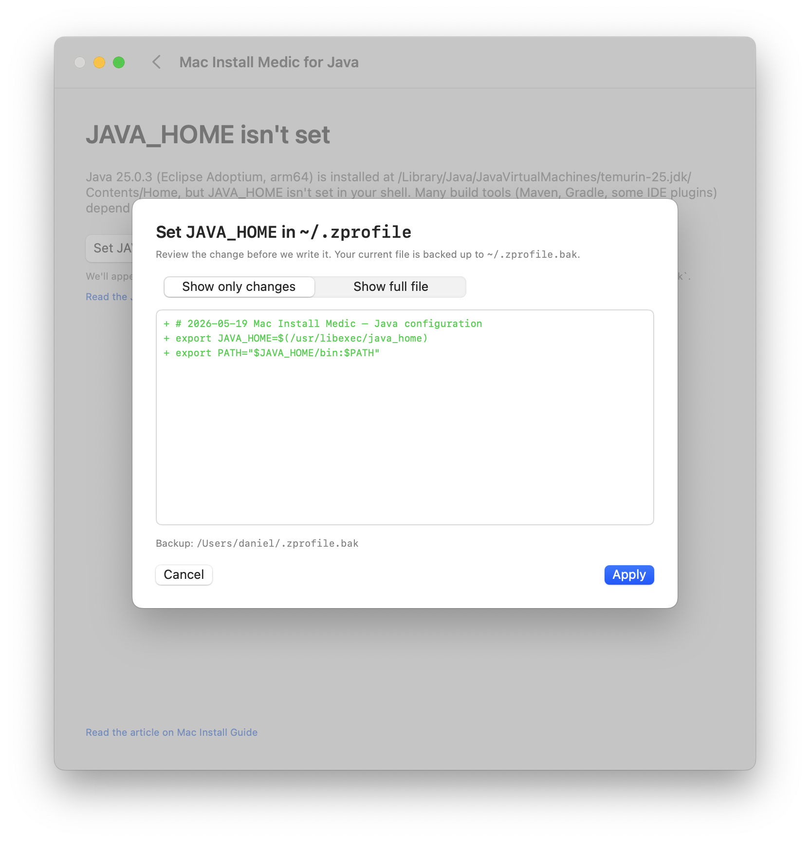 Mac Install Medic for Java diff-preview screen showing the JAVA_HOME line to be added to ~/.zprofile.