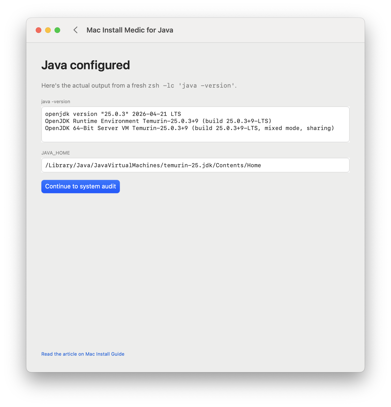 Mac Install Medic for Java verify-passed screen showing successful java -version output.