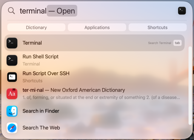 Spotlight search for terminal in macOS 27 Golden Gate