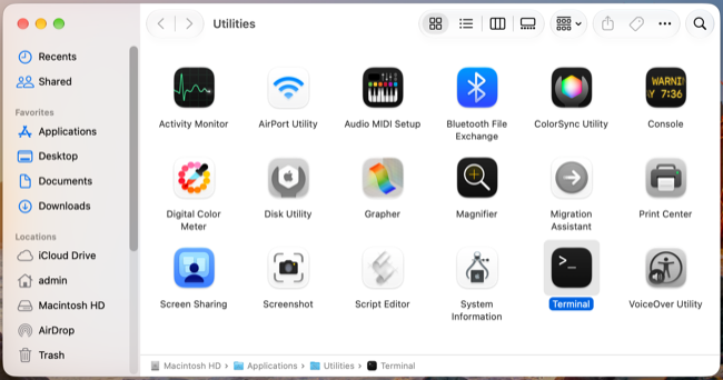 Terminal in the Applications > Utilities folder in Finder in macOS 27 Golden Gate